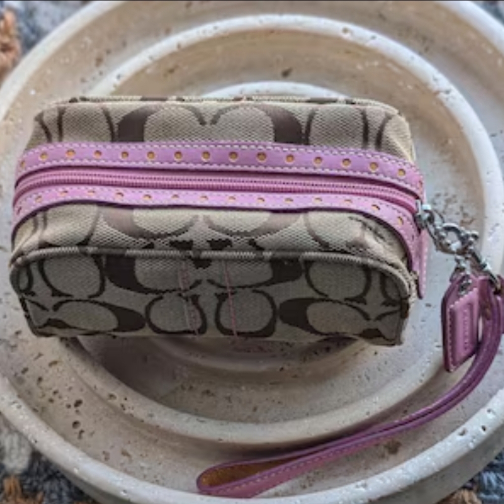 Coach Signature Leather and Jacquard Mini Barrel Wristlet in Pink and Tan